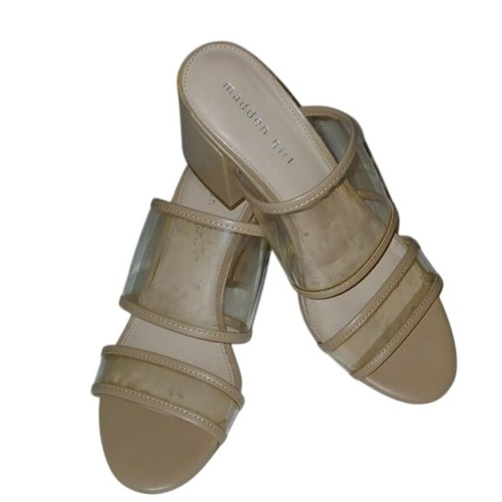 Madden Girl Clear Beige Block Heel Leather Sandals